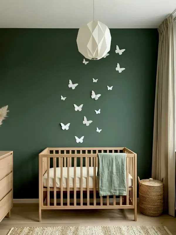 Groene meisjes babykamer met witte 3d vlinder muurdecoraties.webp
